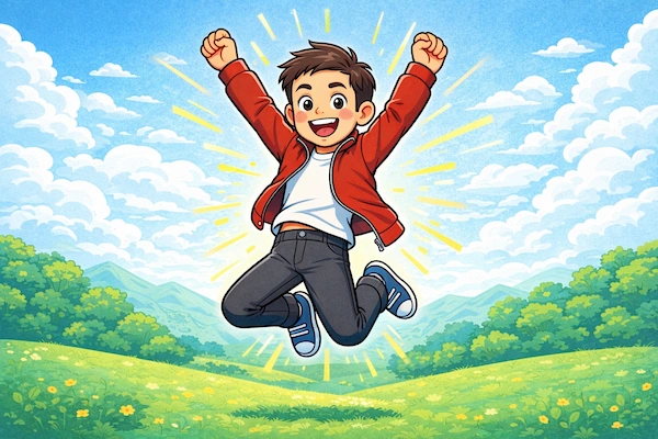 A happy cartoon boy jumping in the air with his arms raised, showing excitement and energy.